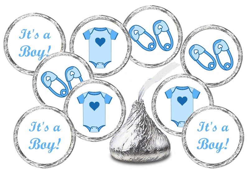 RokAPary 324 Blue Onesie, Pin, Its a Boy Baby Shower Favors Stickers for Baby Shower Sprinkle Party, Kisses Stickers, Blue Decorations Labels, Candy Not Included. Made in USA - Image 1